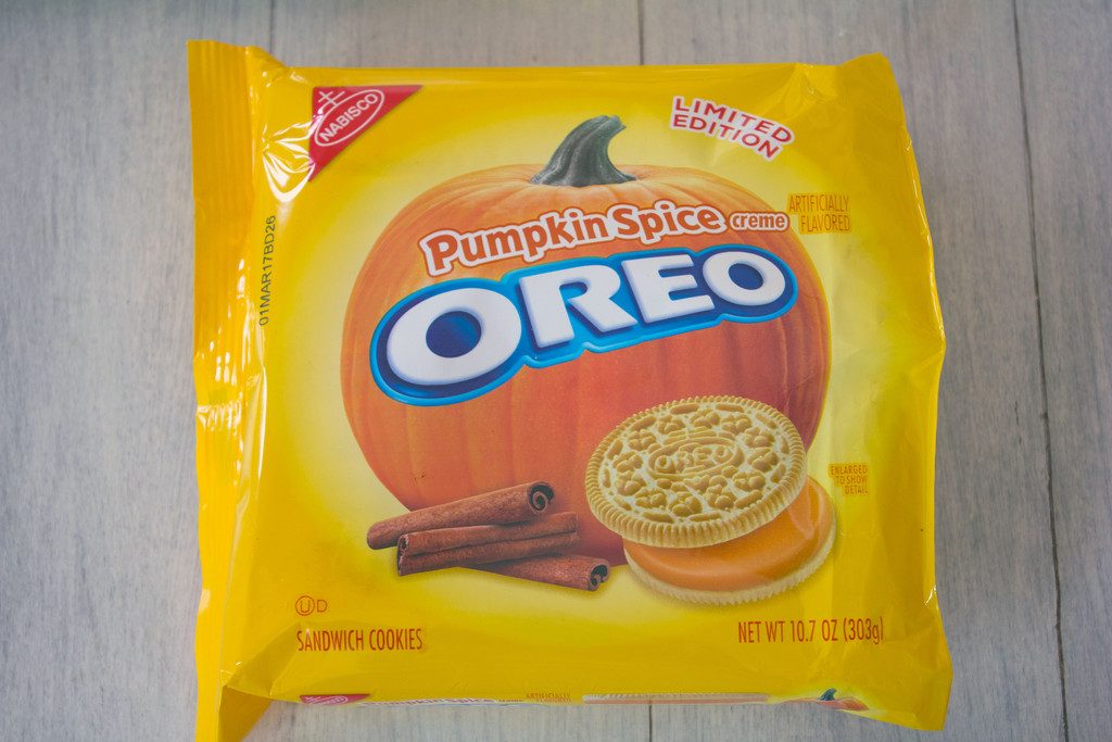 Overhead view of a package of Pumpkin Spice Oreo Cookies