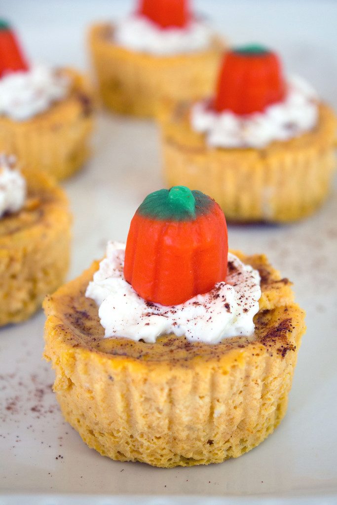 Head-on view of a pumpkin spice Oreo mini cheesecake with whipped cream and pumpkin candy topper with more mini cheesecakes in the background