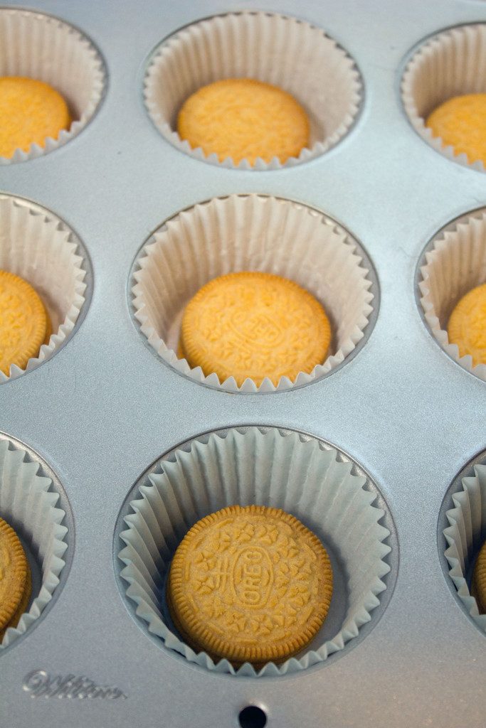 Overhead view of a muffin tin with golden Oreo cookies in the bottom of each cavity