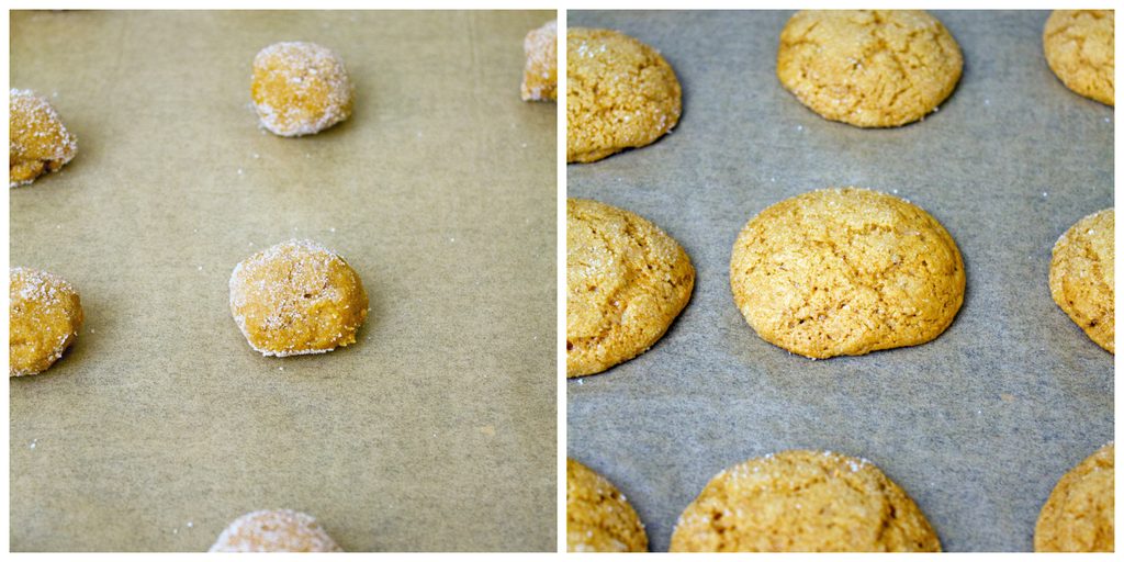 Collage showing dough balls coated in sugar on parchment paper-lined baking sheet and cookies baked just out of the oven