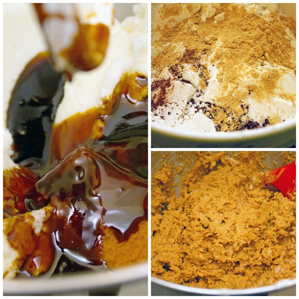 Collage showing process for making pumpkin toffee gingersnap cookie dough, including molasses, pumpkin, and butter in mixer; dry ingredients in mixing bowl; and batter in mixing bowl with spatula