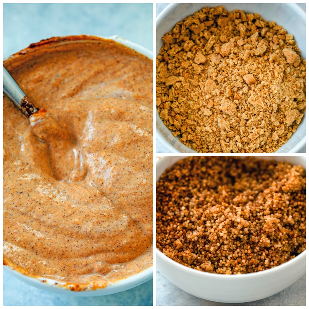 Collage showing process for making pumpkin quinoa parfait, including bowl of pumpkin pie yogurt, bowl of graham cracker crumbs, and bowl of cinnamon quinoa