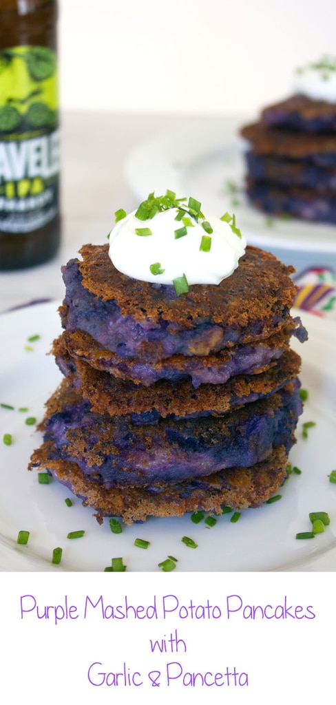 Purple Mashed Potato Pancakes with Garlic and Pancetta -- Mashed potato pancakes need no improvements, but they're way more fun when made with purple potatoes, garlic, pancetta, and cheddar cheese. These Purple Mashed Potato Pancakes with Garlic and Pancetta should be served at every cocktail party | wearenotmartha.com #mashedpotatoes #potatopancakes #purplepotatoes #appetizers #cocktailparty