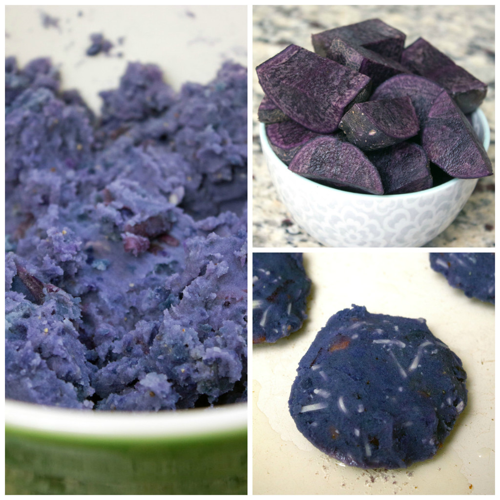 Collage showing process for making purple mashed potato pancakes, including purple potatoes sliced in bowl, purple mashed potatoes in mixing bowl, and purple mashed potato patties formed and ready for frying