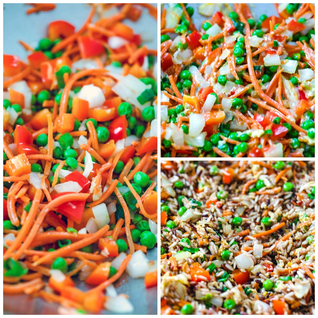 Collage showing the process for making quick vegetable fried brown rice, including vegetables in skillet, vegetables in skillet with egg, and all ingredients in skillet mixed together