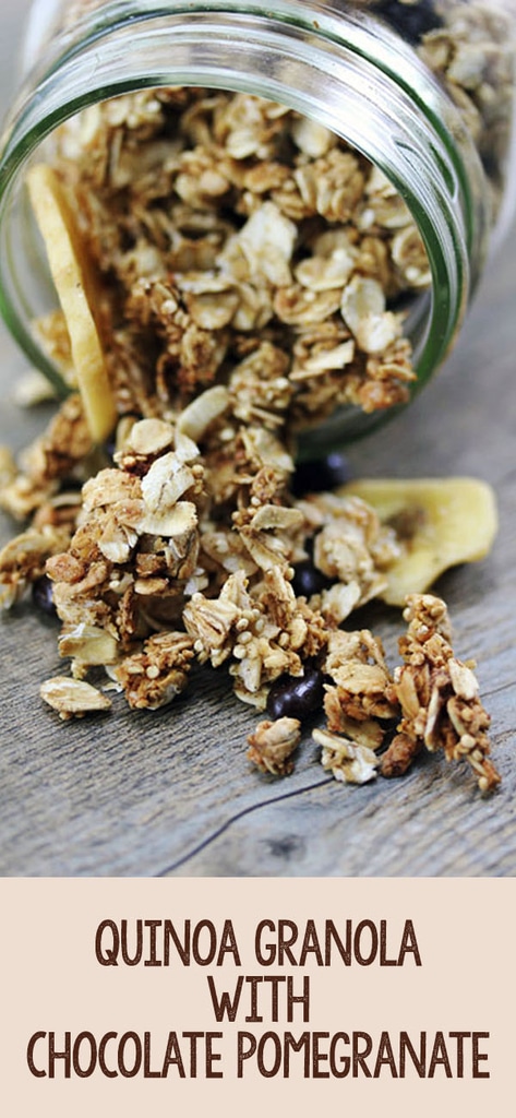 Quinoa Granola with Dark Chocolate Pomegranate -- Homemade granola is one of the easiest breakfasts or snacks and this recipe for quinoa granola is no different, except it has the benefit of an extra protein boost! Dark chocolate pomegranates and banana chips add a little sweetness and fun | wearenotmartha.com #granola #quinoa #healthy #breakfast #snack