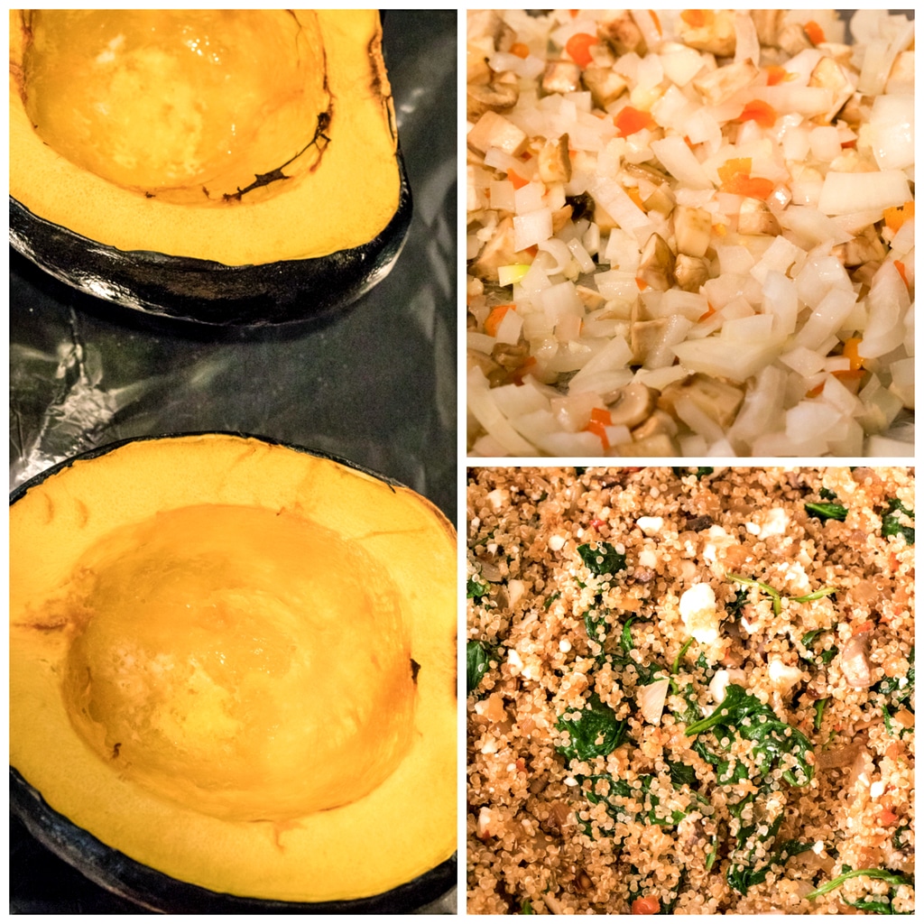 Collage showing process for making quinoa-stuffed acorn squash, including two acorn squash halves roasted; onion, mushroom, and habanero mixture; and quinoa mixed with spinach, feta, onions, and mushrooms