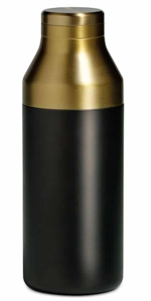 Head-on view of black and gold Rabbit cocktail shaker