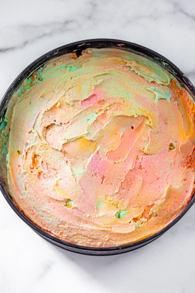 Overhead view of rainbow sherbet in a round springform pan