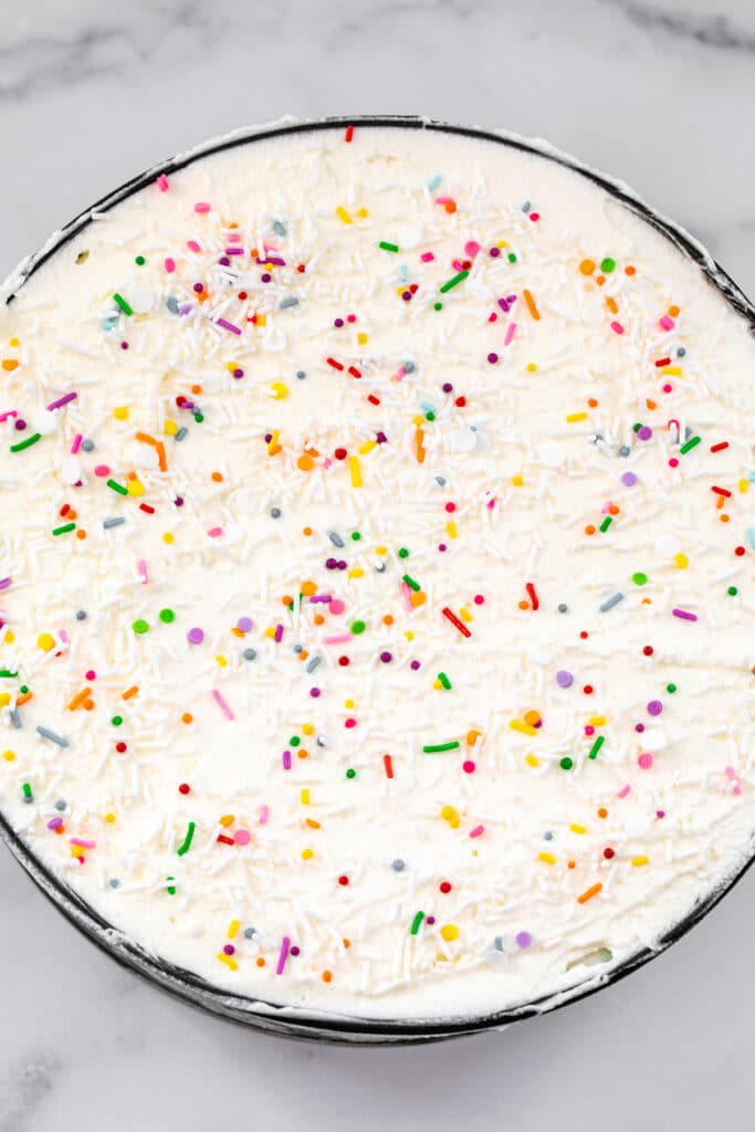 Overhead view of rainbow sherbet cake with whipped cream topping and sprinkles