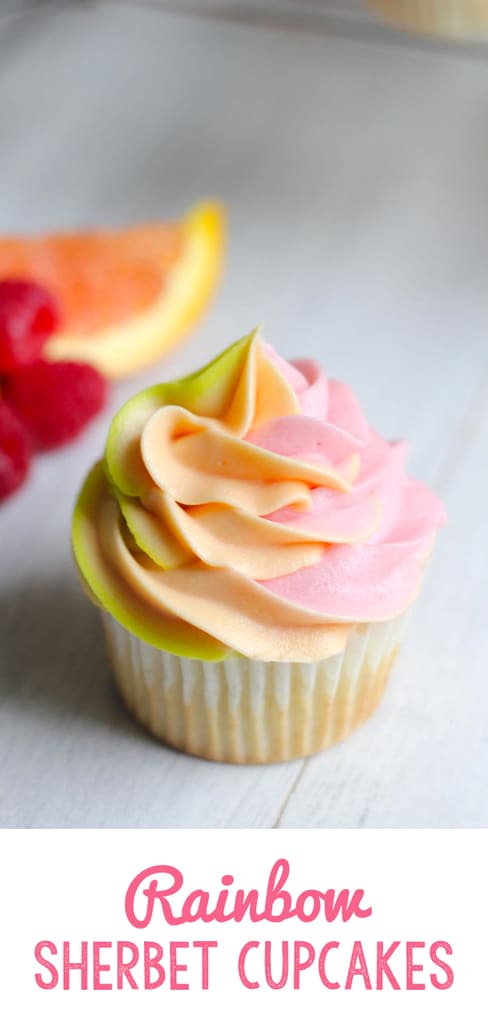 Rainbow Sherbet Cupcakes -- These Rainbow Sherbet Cupcakes pull all the sweet fruity flavors of rainbow sherbet into cupcake form. Raspberry, orange, and lime combine forces in both the cake and the buttercream frosting | wearenotmartha.com #rainbowsherbet #sherbet #cupcakes #summerdesserts