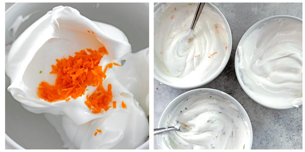 Collage showing closeup of egg whites with orange zest and three bowls of egg whites with different flavorings in them.