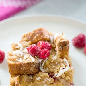 Raspberry Coconut French Toast Casserole -- Looking for the perfect make-ahead brunch dish to serve to a crowd? This french toast bake will ensure you have something fabulous to wake up to | wearenotmartha.com