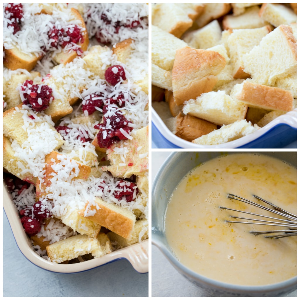 A collage showing the process of making raspberry coconut french toast casserole, including the brioche brad cubes in the baking dish, the egg and milk mixture, and bread in the baking dish with coconut and raspberries