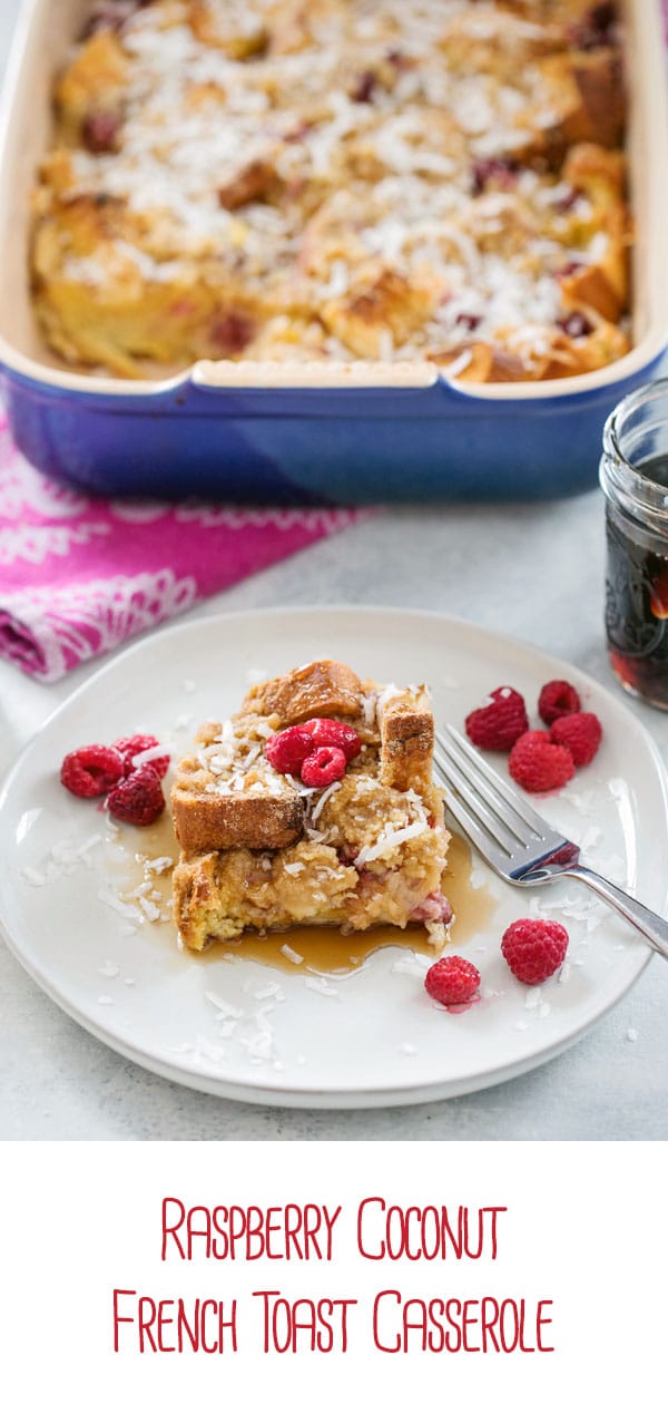 Raspberry Coconut French Toast Casserole -- Looking for the perfect make-ahead brunch dish to serve to a crowd? This french toast bake will ensure you have something fabulous to wake up to | wearenotmartha.com #frenchtoast #brunch #raspberries #coconut #breakfast #frenchtoastcasserole