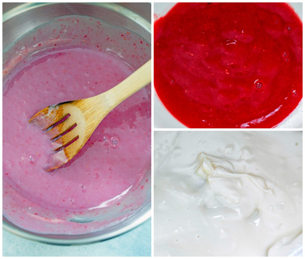 Collage showing process for making raspberry cream filling for cookies, including raspberry puree, melted white chocolate, and finished raspberry cream filling mixed together in bowl