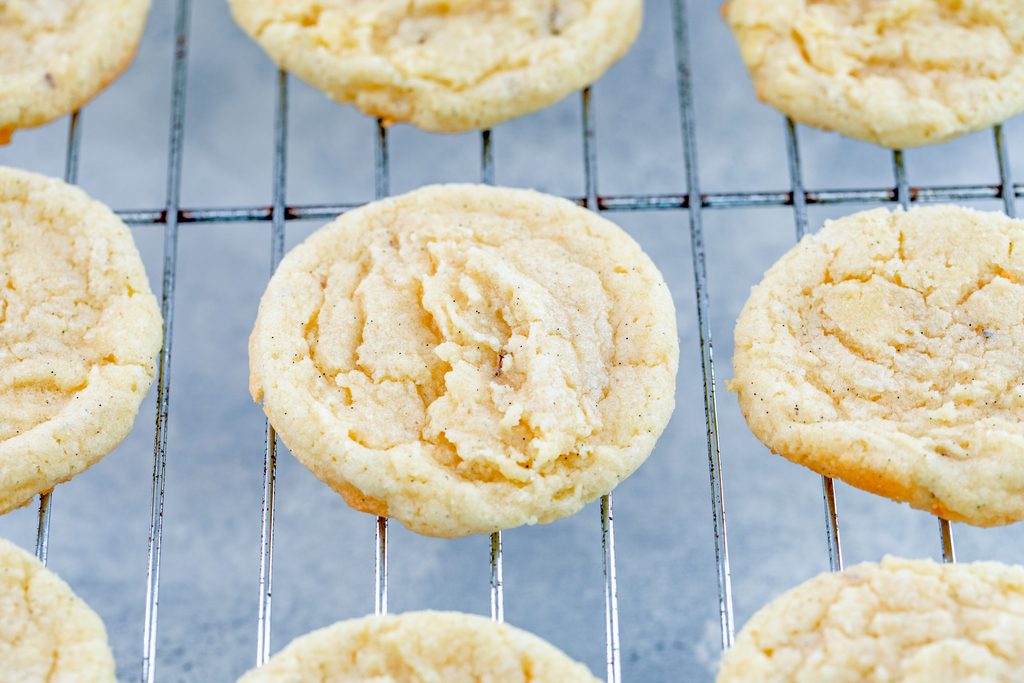 Overhead view of vanilla sugar cookies cooling on a baking rack