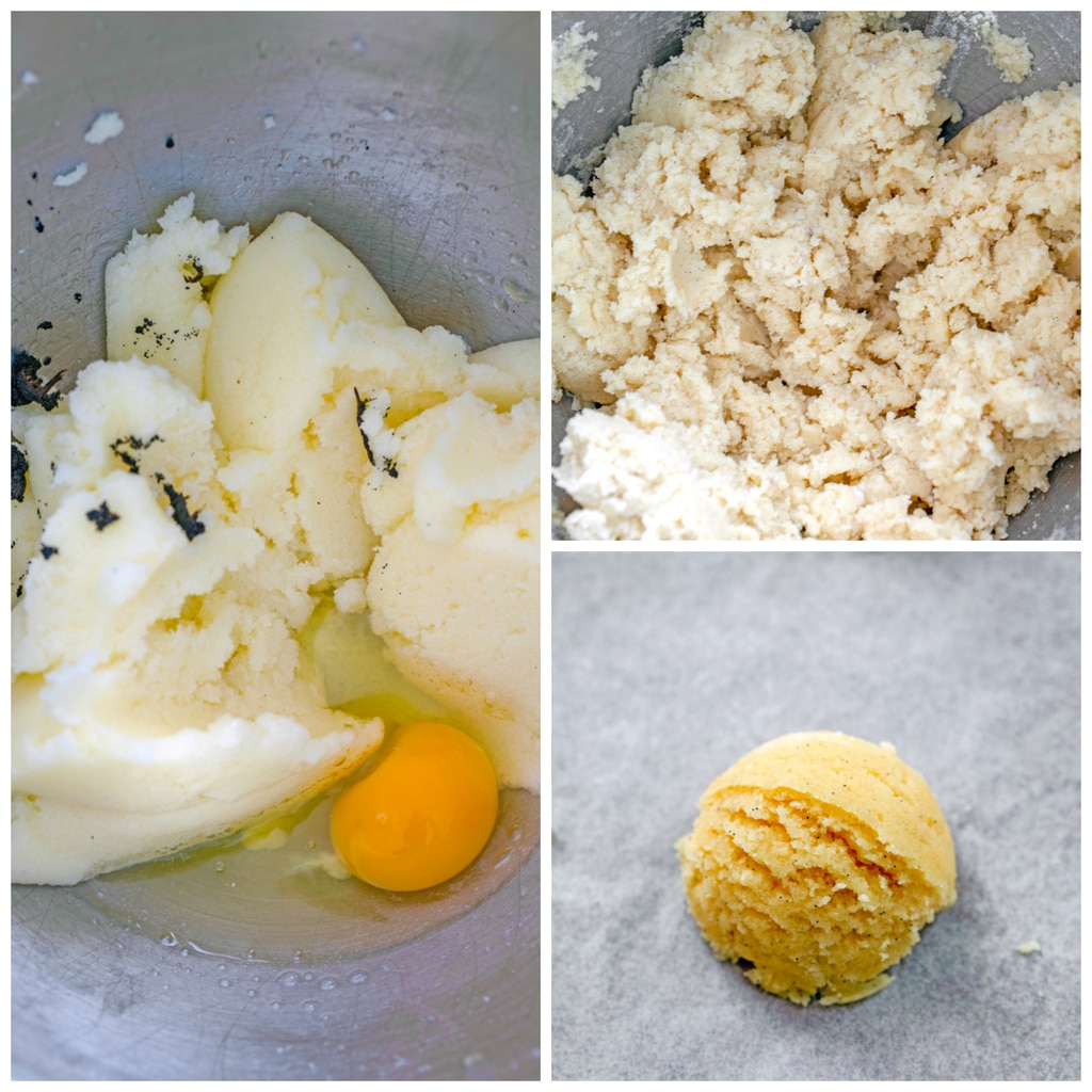 Collage showing process for making vanilla sugar cookies for raspberry cream sandwich cookies, including ingredients in mixing bowl, cookie dough blended together, and ball of cookie dough on baking sheet