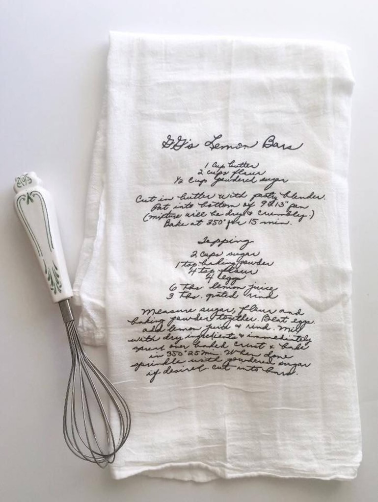 Tea towel with hand-written recipe on it