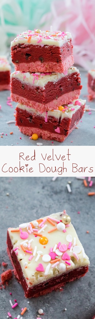 Red Velvet Cookie Dough Bars -- Perfect for showing your love this Valentine's Day, these no-bake treats are composed of a pink cookie crust, a luscious layer of chocolate chip red velvet cookie dough, and a white chocolate ganache topping | wearenotmartha.com