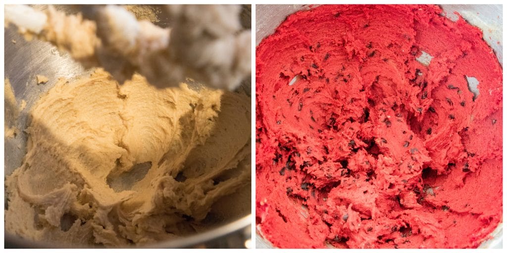 Collage showing making of chocolate chip red velvet cookie dough.