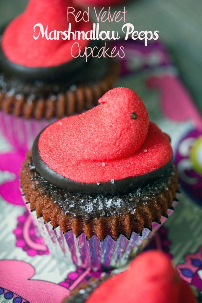 Red Velvet Marshmallow Peeps Cupcakes -- The perfect Valentine's Day dessert. Who says Peeps are just for Easter? | wearenotmartha.com