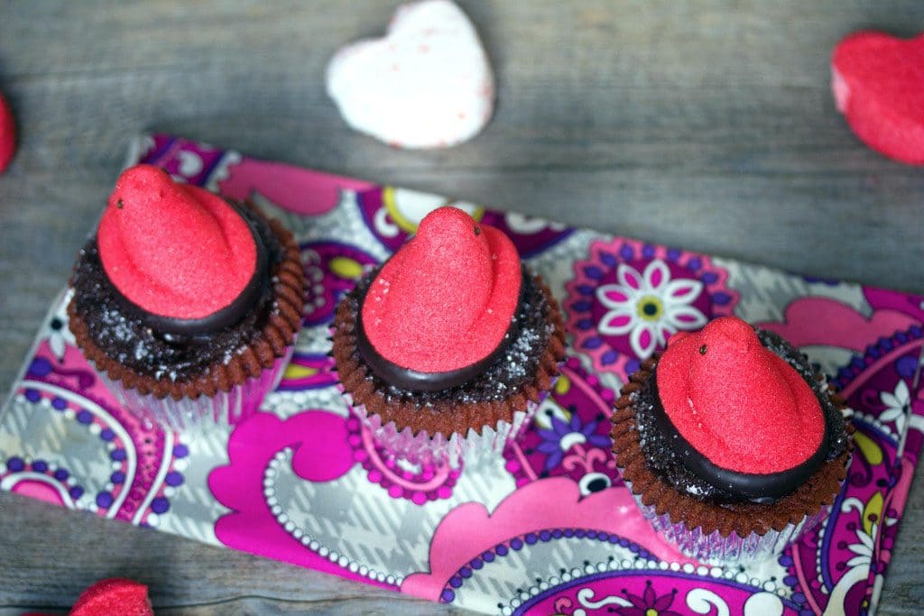 Red Velvet Marshmallow Peeps Cupcakes -- The perfect Valentine's Day dessert. Who says Peeps are just for Easter? | wearenotmartha.com