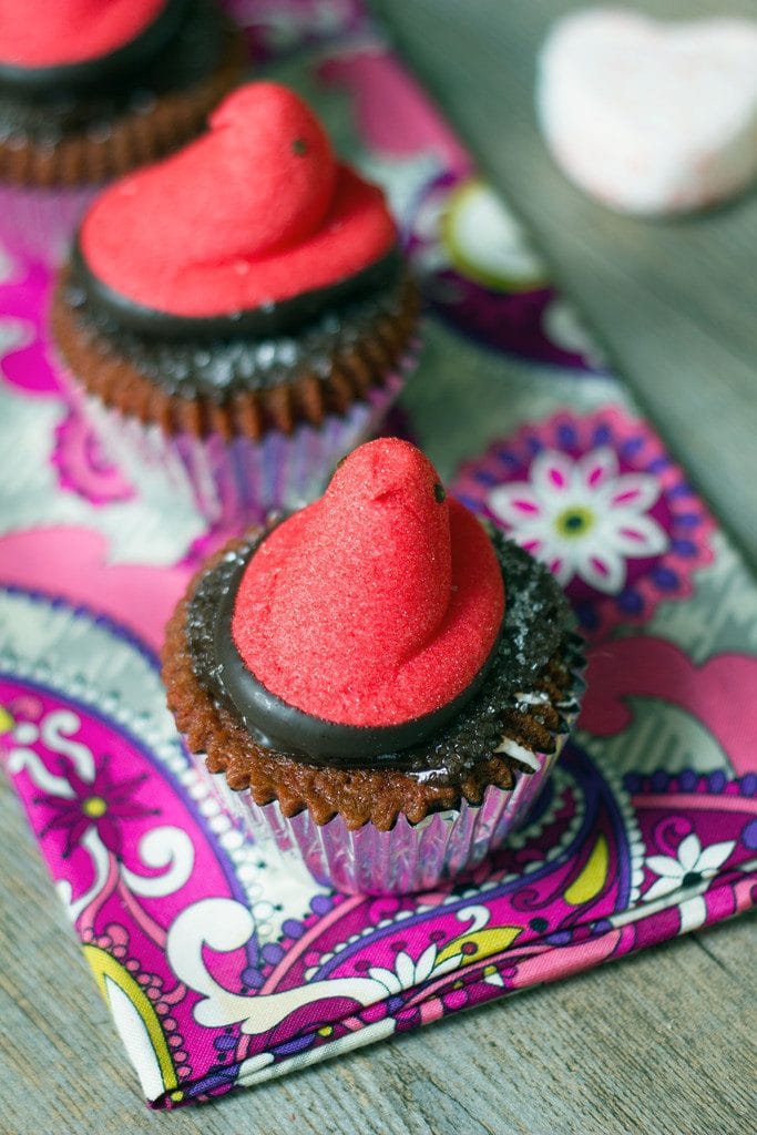 Red Velvet Marshmallow Peeps Cupcakes -- The perfect Valentine's Day dessert. Who says Peeps are just for Easter? | wearenotmartha.com