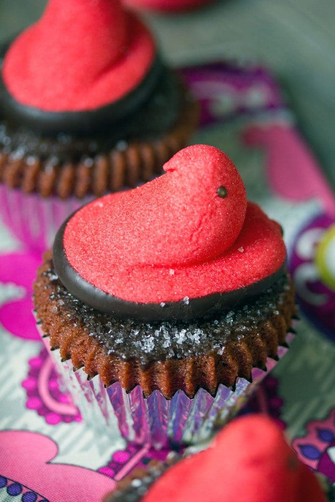 Red Velvet Marshmallow Peeps Cupcakes -- The perfect Valentine's Day dessert. Who says Peeps are just for Easter? | wearenotmartha.com