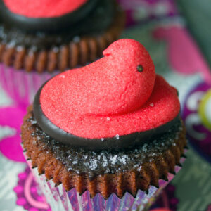 Red Velvet Marshmallow Peeps Cupcakes -- The perfect Valentine's Day dessert. Who says Peeps are just for Easter? | wearenotmartha.com