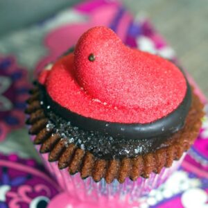 Red Velvet Marshmallow Peeps Cupcakes -- The perfect Valentine's Day dessert. Who says Peeps are just for Easter? | wearenotmartha.com
