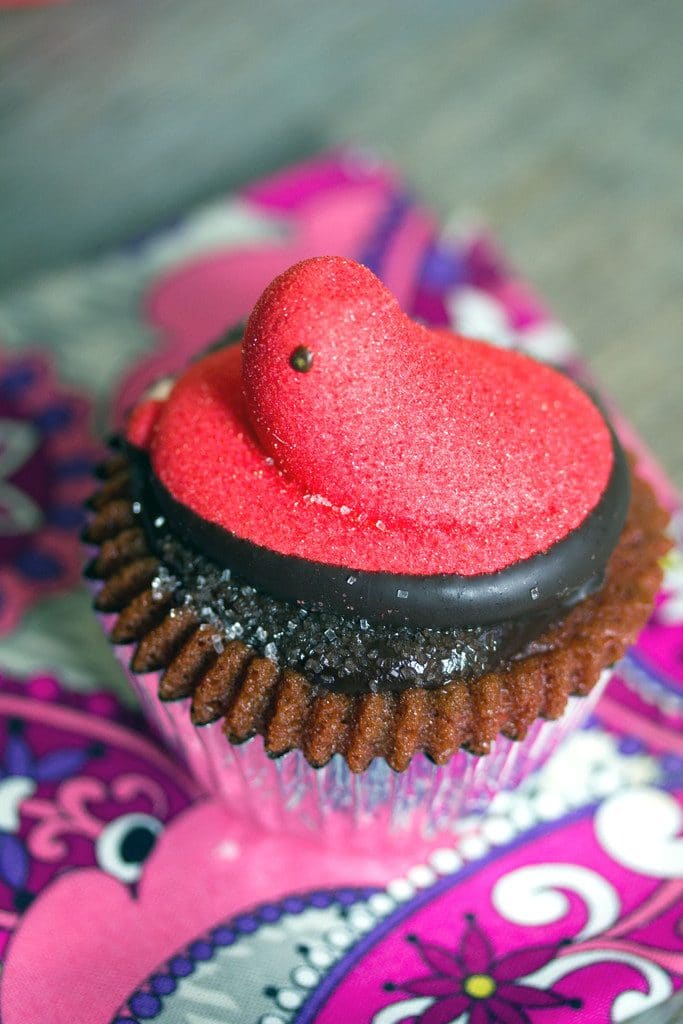 Red Velvet Marshmallow Peeps Cupcakes -- The perfect Valentine's Day dessert. Who says Peeps are just for Easter? | wearenotmartha.com