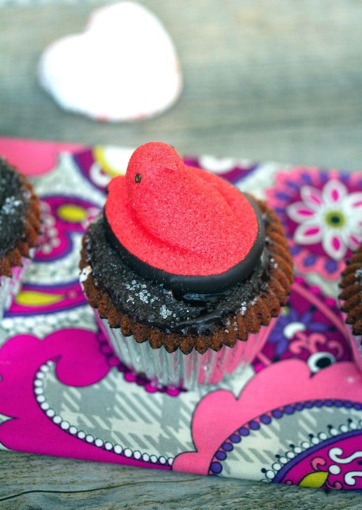 Red Velvet Marshmallow Peeps Cupcakes -- The perfect Valentine's Day dessert. Who says Peeps are just for Easter? | wearenotmartha.com