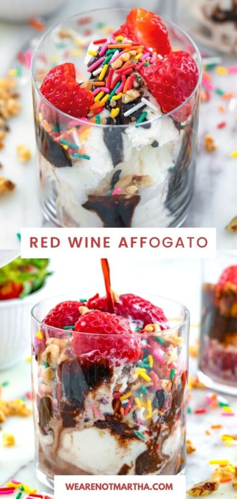 Just add red wine to vanilla ice cream, add on some toppings, and your new favorite boozy dessert is born! This red wine affogato is always a party hit! | wearenotmartha.com #affogatos #winedesserts #icecreamdesserts #boozydesserts