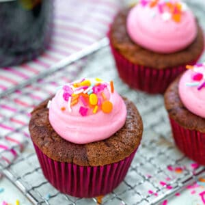 Red Wine Cupcakes -- These Red Wine Cupcakes are deliciously chocolate-y and moist with a subtle red wine flavor, topped off with a sweet cream cheese frosting. They're perfect for serving at cocktail parties or girls nights in! | wearenotmartha.com