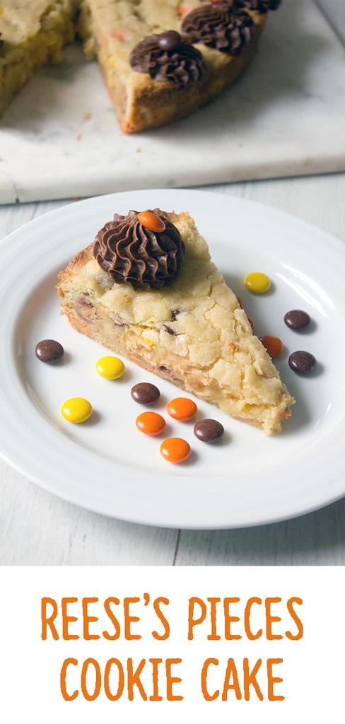 Reese's Pieces Cookie Cake -- This peanut butter-packed Reese's Pieces Cookie Cake is more chewy and delicious than your average batch of peanut butter cookies. It's filled with Reese's Pieces and peanut butter chips and topped off with chocolate frosting! | wearenotmartha.com #cookiecake #reesespieces #peanutbutter