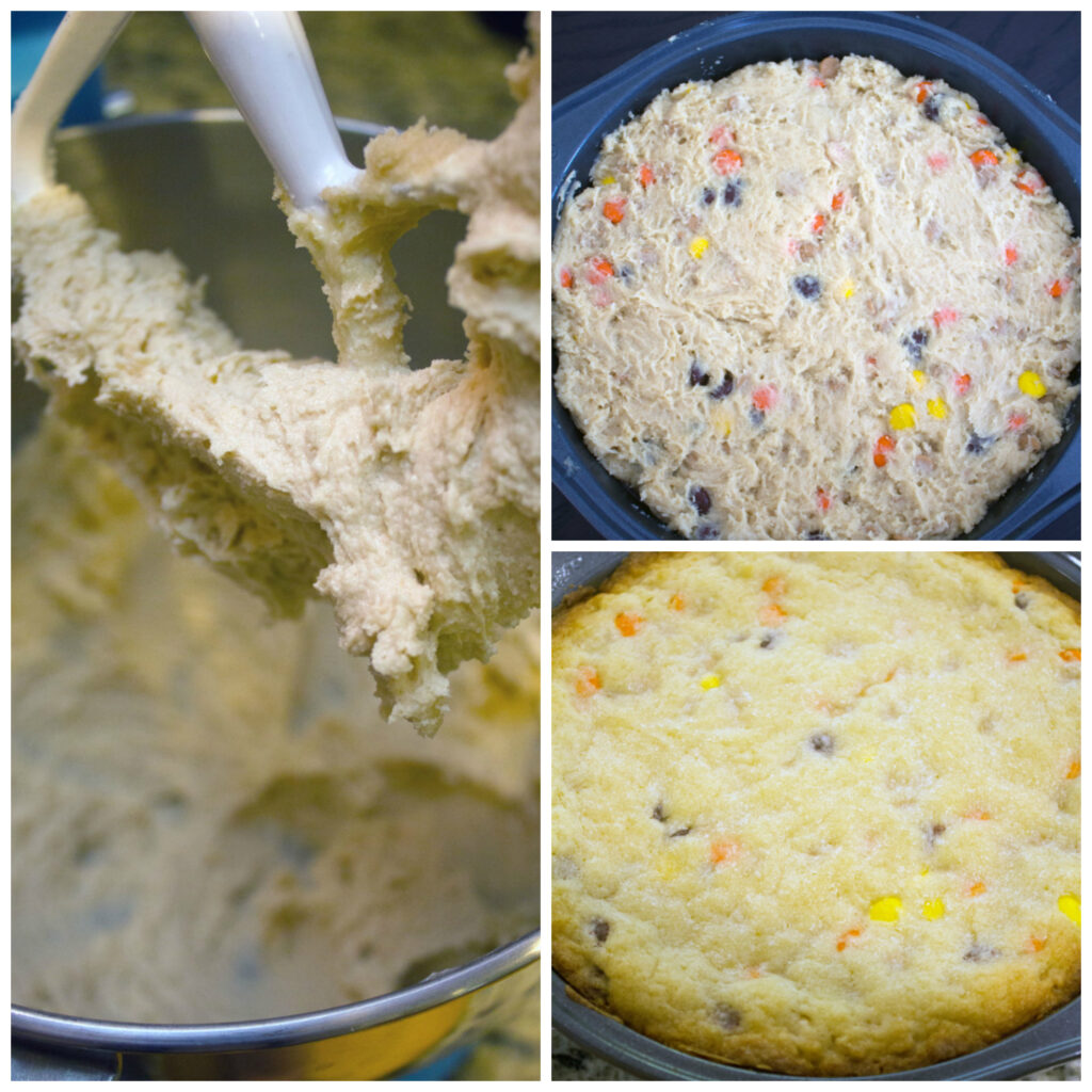 Collage showing process for making Reese's Pieces cookie cake, including batter in mixer, cookie batter in pan, and giant cookie right out of the oven