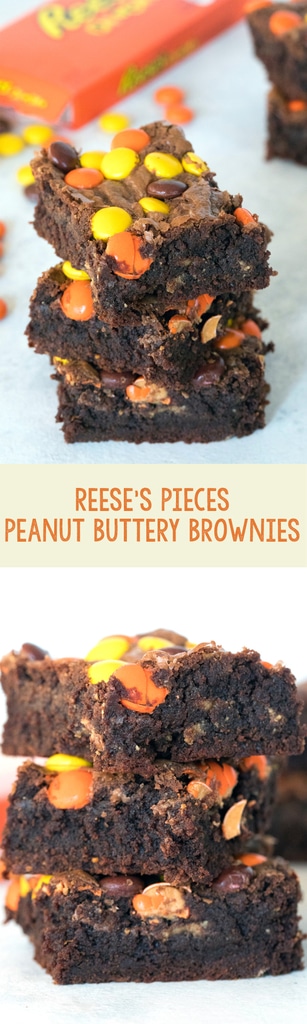 Reese's Pieces Peanut Buttery Brownies -- These brownies are packed with peanut butter, chocolate, Reese's Peanut Butter Cups, and Reese's Pieces. Peanut butter lovers, rejoice! | wearenotmartha.com