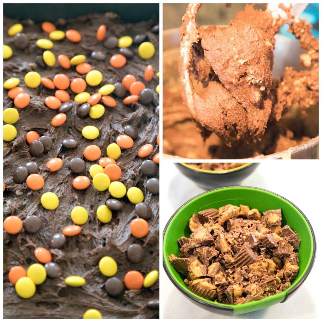 Collage showing process for making Reese's Pieces peanut buttery brownies, including chocolate brownie batter in pan with Reese's Pieces on top, peanut butter brownie batter in mixer, and crushed peanut butter cups in measuring cup