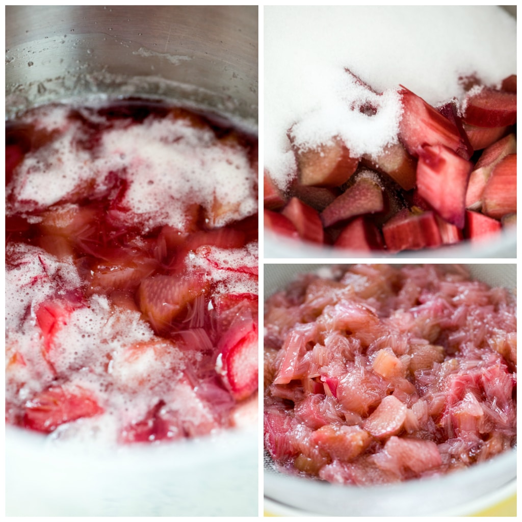 Collage showing rhubarb simple syrup making process, including chopped rhubarb and sugar in saucepan, syrup simmering, and syrup being strained into bowl