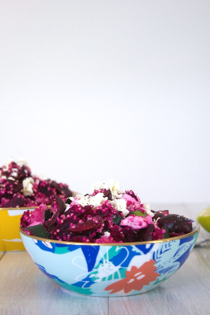 Roasted Beet and Cherry Salad -- Beets, cherries, cucumber, quinoa, and feta make up this perfect summertime or early fall salad | wearenotmartha.com