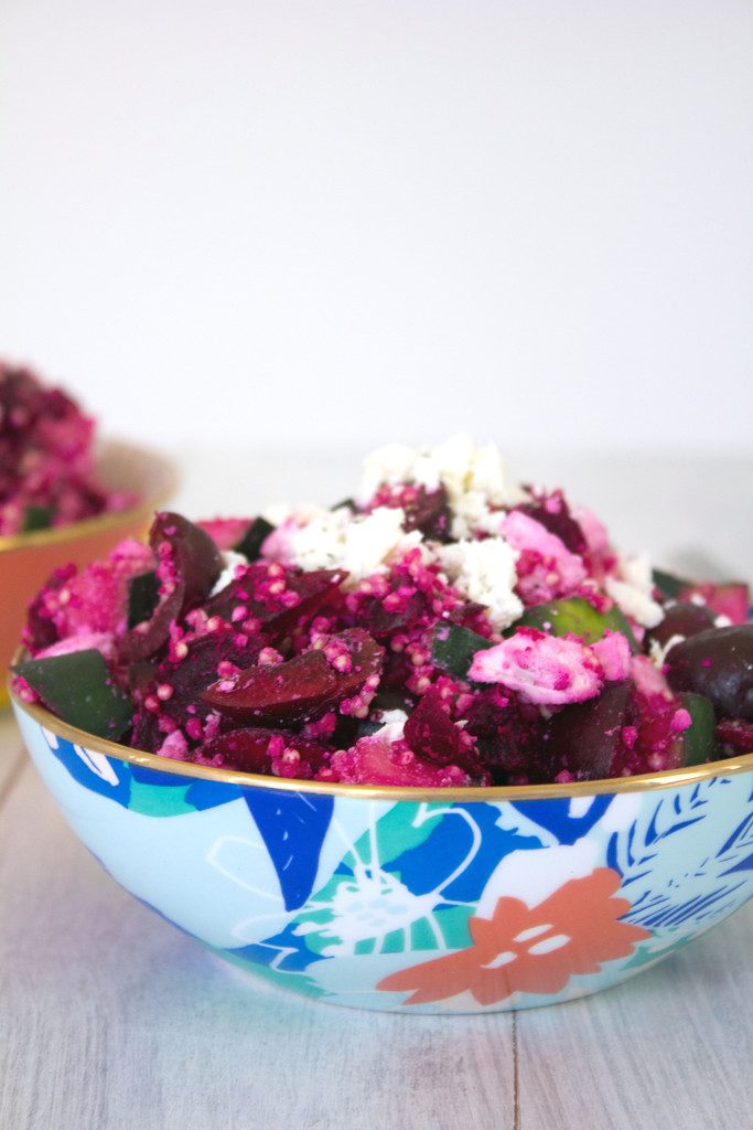 Roasted Beet and Cherry Salad -- Beets, cherries, cucumber, quinoa, and feta make up this perfect summertime or early fall salad | wearenotmartha.com