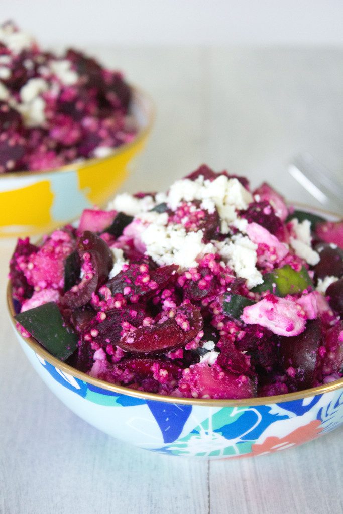 Roasted Beet and Cherry Salad -- Beets, cherries, cucumber, quinoa, and feta make up this perfect summertime or early fall salad | wearenotmartha.com