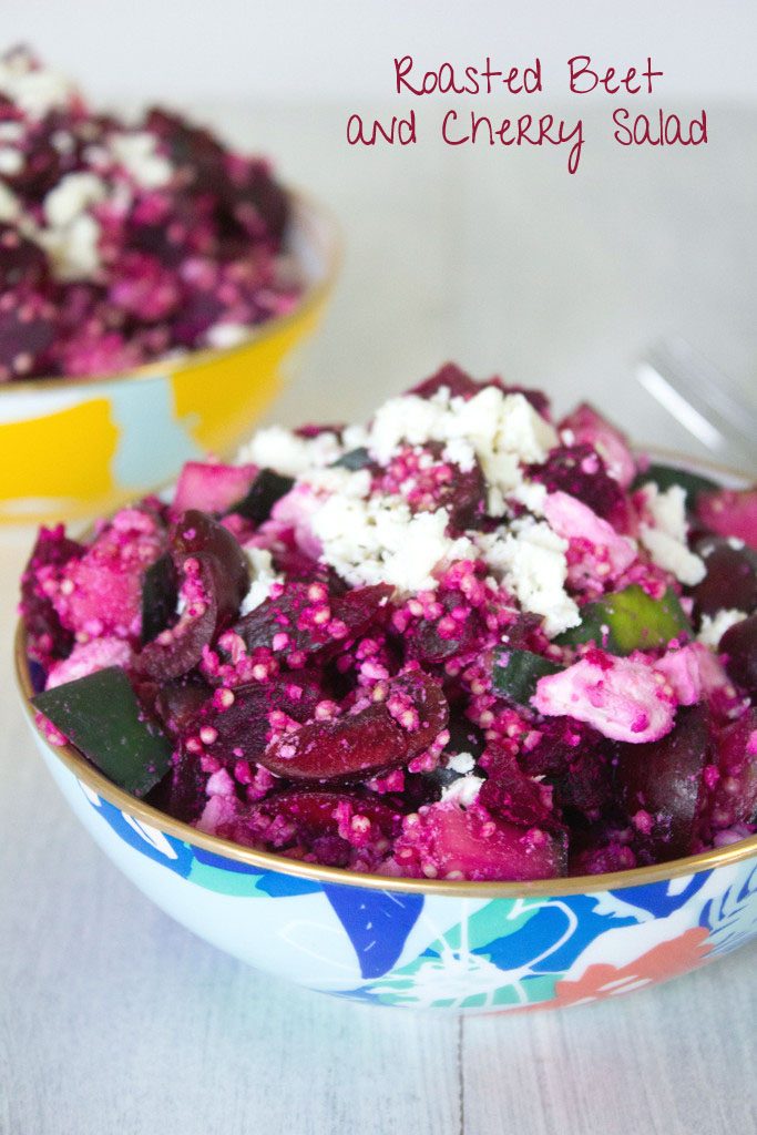 Roasted Beet and Cherry Salad -- Beets, cherries, cucumber, quinoa, and feta make up this perfect summertime or early fall salad | wearenotmartha.com