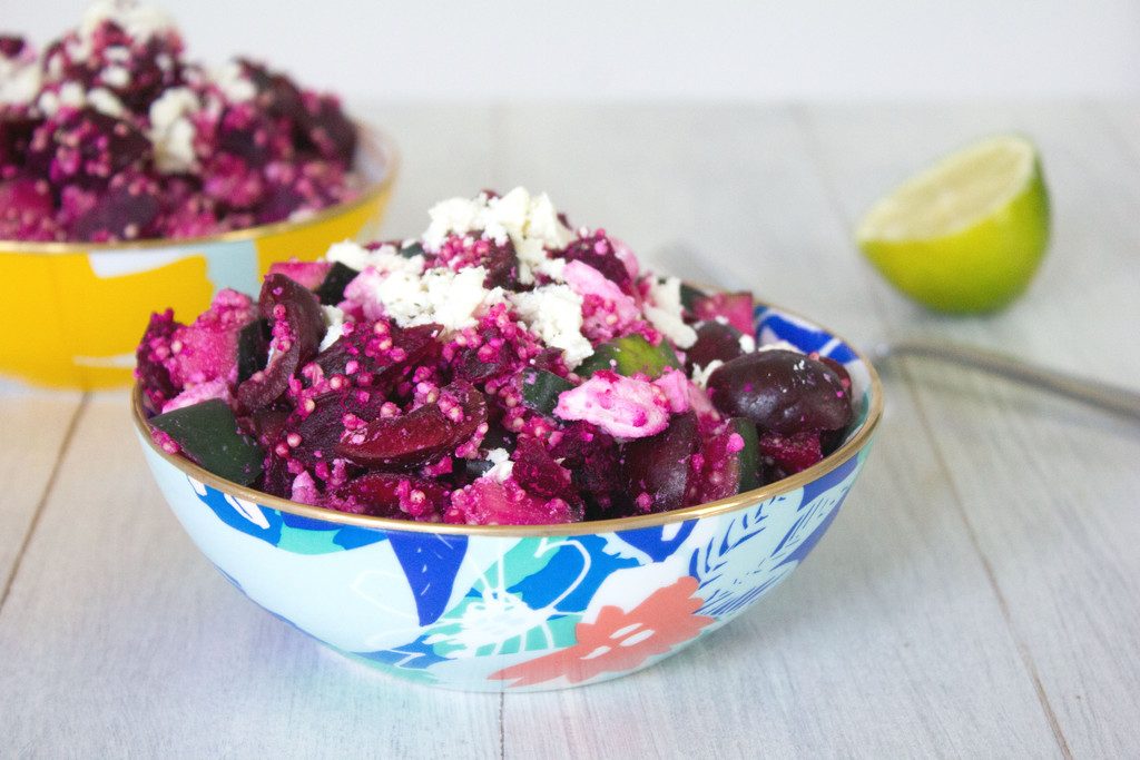 Roasted Beet and Cherry Salad -- Beets, cherries, cucumber, quinoa, and feta make up this perfect summertime or early fall salad | wearenotmartha.com