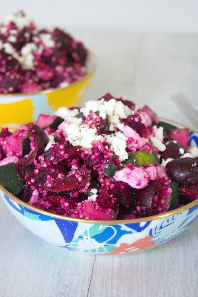 Roasted Beet and Cherry Salad -- Beets, cherries, cucumber, quinoa, and feta make up this perfect summertime or early fall salad | wearenotmartha.com