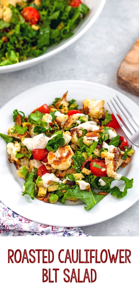 Roasted Cauliflower BLT Salad -- This Roasted Cauliflower BLT Salad uses kale instead of lettuce and also includes avocado and a creamy lemon dressing... It's enough to turn anyone into a cauliflower fan! | wearenotmartha.com #cauliflower #salads #blt #bacon