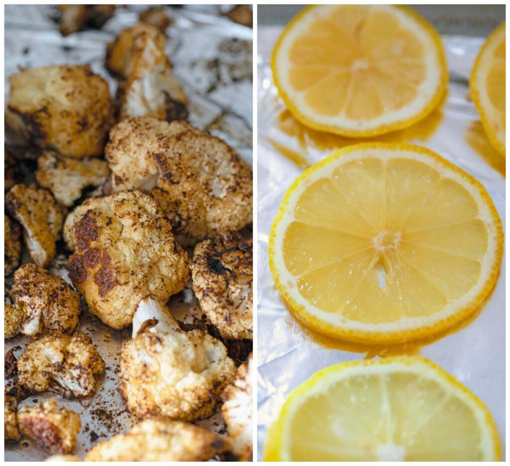 Collage showing roasted cauliflower on a baking sheet and lemon rounds on a baking sheet before being roasted