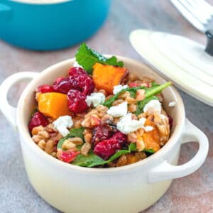 Roasted Cranberry Farro Salad with Curry Dressing -- This hearty cranberry farro salad is packed with the delicious flavors of butternut squash, tart cranberries, and creamy goat cheese. It makes for a delicious side dish or satisfying lunch | wearenotmartha.com #cranberries #butternutsquash #farro #healthysalads