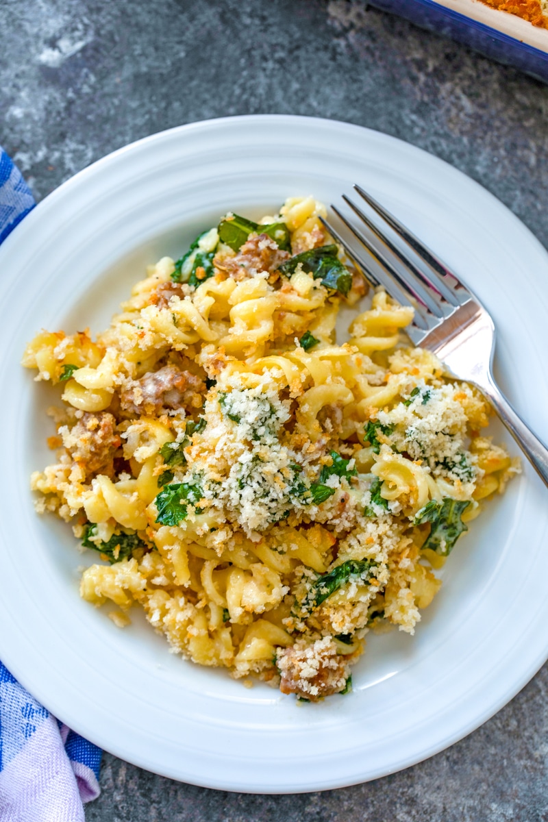 Roasted Garlic Mac and Cheese with Sausage & Kale We are not Martha